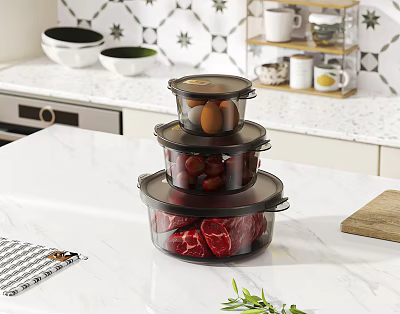 Transparent Stacked Storage Containers With Eggs Strawberries Raw Meat On Marble Dining Table In Kitchen 3d model