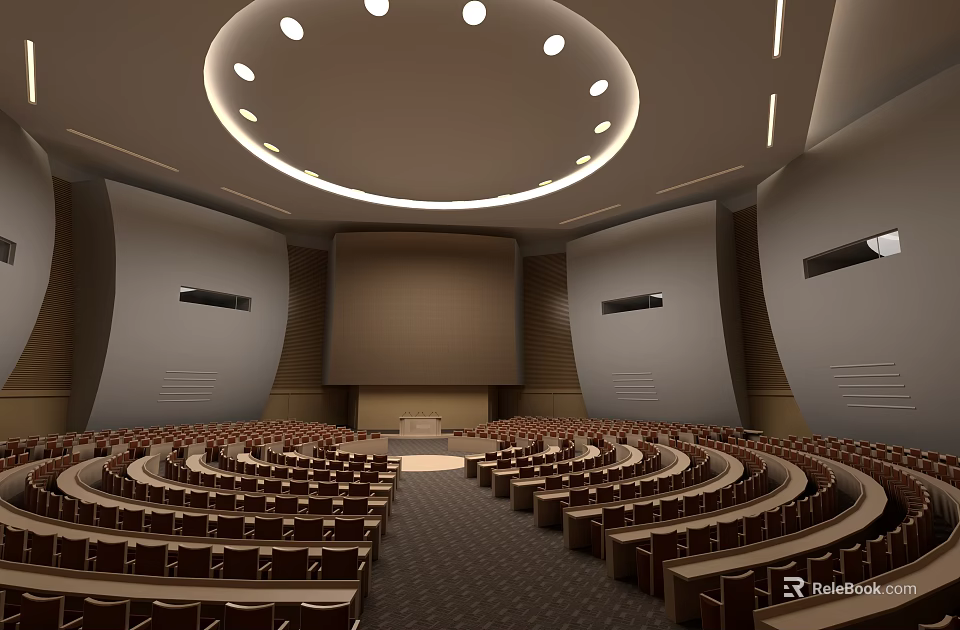 Modern Circular Conference Room With Rows Of Seats Central Podium And Ceiling Lighting 3d model 