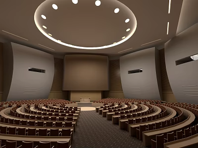 Modern Circular Conference Room With Rows Of Seats Central Podium And Ceiling Lighting 3d model