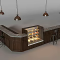Wooden Bar Counter With Stone Countertop Glass Display Case Pastries Bar Stools And Pendant Lights