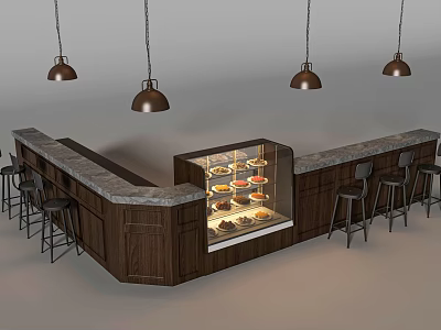 Wooden Bar Counter With Stone Countertop Glass Display Case Pastries Bar Stools And Pendant Lights 3d model