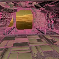 Futuristic Interior With Rock Walls Metal Structures And Sunset View Through Large Window