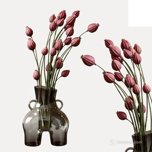 Elegant Transparent Glass Flower Vases With Fresh Pink Tulip Buds 3d model 
