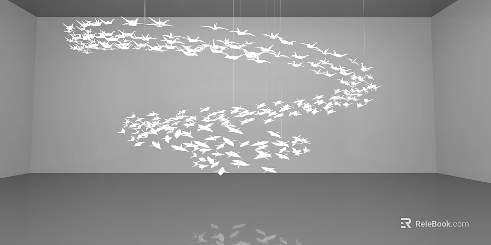 White Paper Crane Hanging Decorations With Flock Design On Gray Background And Reflection 3d model