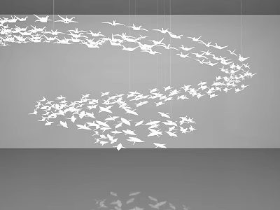 White Paper Crane Hanging Decorations With Flock Design On Gray Background And Reflection 3d model