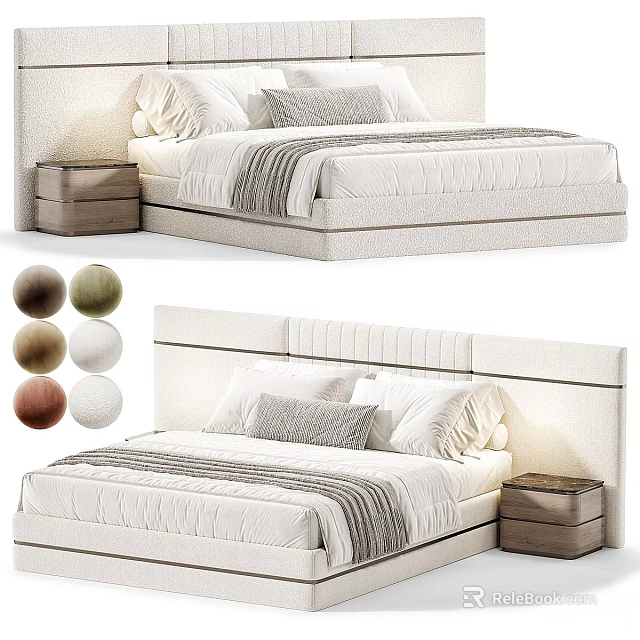 Modern Double Bed With Tufted Headboard Bedside Table And Color Options 3d model 
