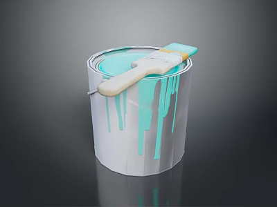 Silver Paint Can With Dripping Teal Paint And Wooden Handle Brush 3d model