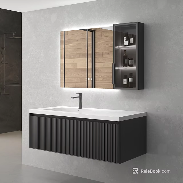Modern Bathroom Vanity With Wall Mounted Design White Countertop Black Cabinet And LED Mirror Storage 3d model 