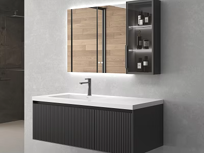 Modern Bathroom Vanity With Wall Mounted Design White Countertop Black Cabinet And LED Mirror Storage 3d model
