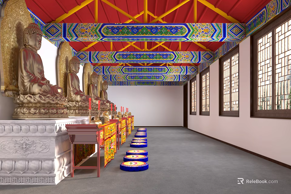 Buddhist Religious Worship Hall Interior With Golden Buddha Statues Colorful Ceiling And Windows 3d model 