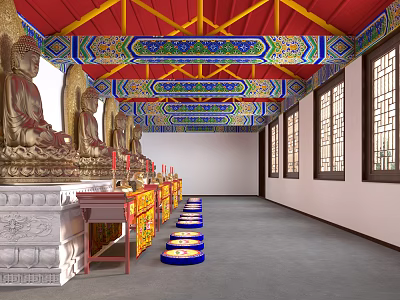 Buddhist Religious Worship Hall Interior With Golden Buddha Statues Colorful Ceiling And Windows 3d model