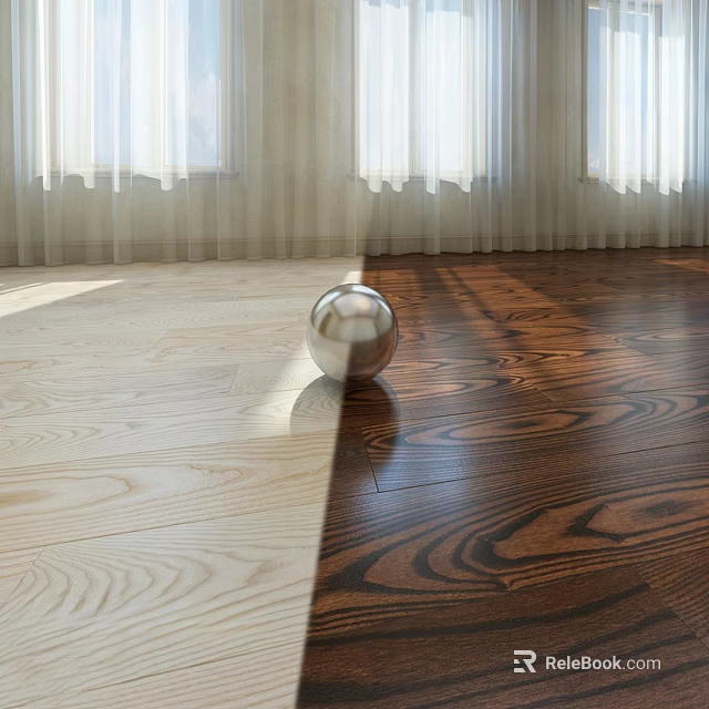 Light And Dark Wooden Flooring With Natural Light Through Window Curtains And Metallic Sphere 3d model 
