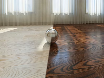 Light And Dark Wooden Flooring With Natural Light Through Window Curtains And Metallic Sphere 3d model