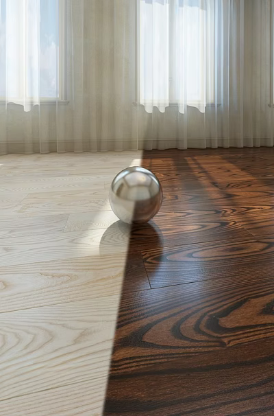 Light And Dark Wooden Flooring With Natural Light Through Window Curtains And Metallic Sphere 3d model