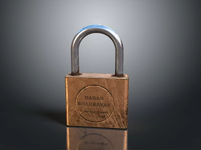Shiny Brass Padlock With SARAN BHARAVAN Engraving On Dark Reflective Surface 3d model