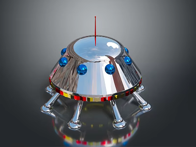 Futuristic Silver Dome Object With Red Antenna Blue Components And Metal Stands 3d model