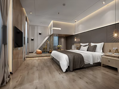 Modern Bedroom Interior with Double Bed Wooden Floor and TV Minimalist Decor and Ambient Lighting 3d model