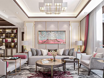 Elegant Modern Living Room Interior With Sofa Coffee Table Chandelier And Artwork Rug 3d model