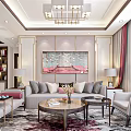 Elegant Modern Living Room Interior With Sofa Coffee Table Chandelier And Artwork Rug