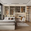 Modern Tatami Bedroom Interior With Bed Desk Computer Chair Open Storage Shelves And Natural Light