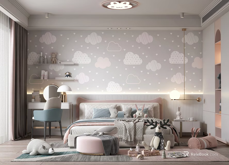 Cozy Kids Room Interior With Cloud Patterned Wallpaper Bed Stuffed Toys And Soft Rug 3d model 