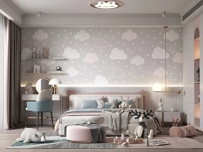Cozy Kids Room Interior With Cloud Patterned Wallpaper Bed Stuffed Toys And Soft Rug 3d model