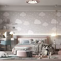 Cozy Kids Room Interior With Cloud Patterned Wallpaper Bed Stuffed Toys And Soft Rug