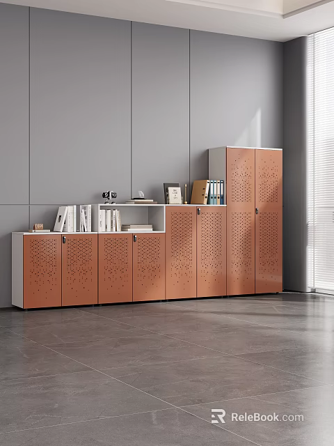 Brown White Modular File Cabinet With Perforated Design And Books Photo Frames In Bright Room 3d model 