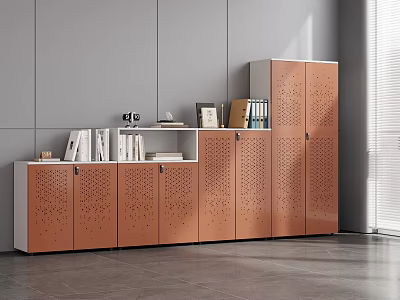 Brown White Modular File Cabinet With Perforated Design And Books Photo Frames In Bright Room 3d model