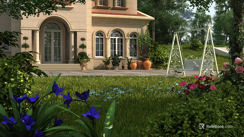 Garden Landscape with Mansion Arched Windows Lawn Colorful Flowers Terracotta Pots and White Swing 3d model 