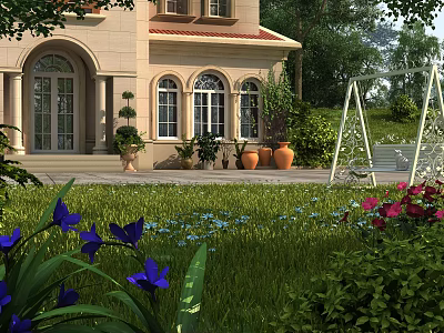 Garden Landscape with Mansion Arched Windows Lawn Colorful Flowers Terracotta Pots and White Swing 3d model