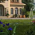 Garden Landscape with Mansion Arched Windows Lawn Colorful Flowers Terracotta Pots and White Swing