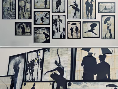 Vintage Silhouette Figure Paintings With Dancing People Crowds And Newspaper Texture 3d model