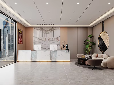 Modern Hotel Lobby Interior With Marble Reception Desk Sofa Area Decorative Mirror And City View 3d model