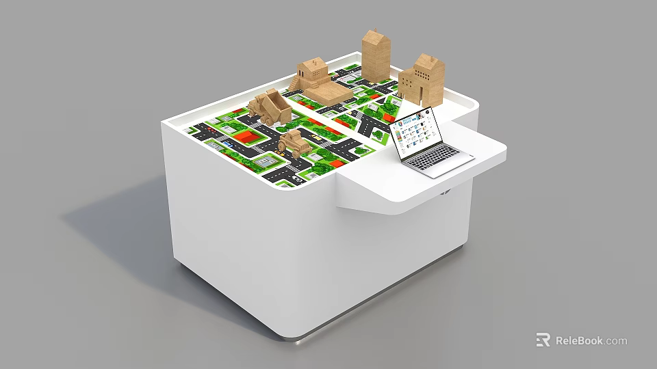 Sand Table Model With White Platform Green Red Areas Building Models And Laptop 3d model