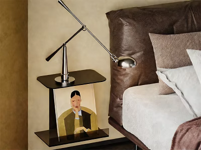 Modern Bedside Table With Sleek Table Lamp Artwork And Bed In Bedroom 3d model