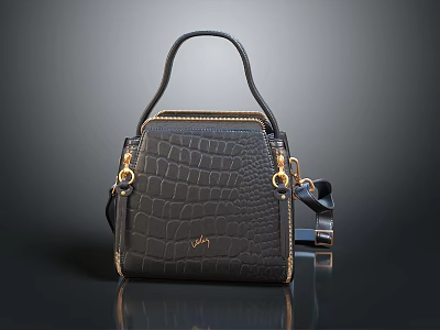 Black Crocodile Pattern Handbag With Gold Hardware Top Handle And Shoulder Strap 3d model