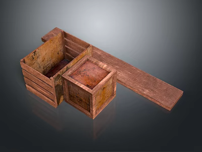 Rustic Wooden Crates Open And Closed With Side Wooden Plank 3d model