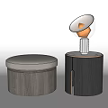 Light And Dark Gray Sofa Stools With Upholstered Seat Wooden Body And Round White Top