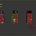 Weathered Red Fuel Pumps With Green Display Screens Black Cables And Gray Background