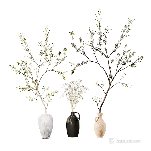 Decorative Ornament Set With White Black Beige Ceramic Vases And Decorative Branches with Small Leaves 3d model 