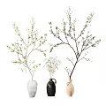Decorative Ornament Set With White Black Beige Ceramic Vases And Decorative Branches with Small Leaves