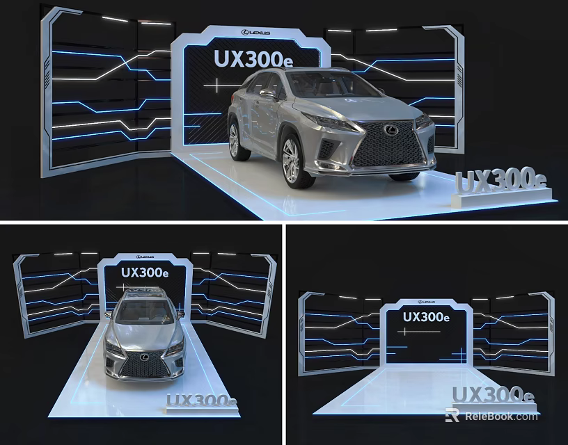 Modern Exhibition Display Shelves for Car Showcase with UX300e Vehicle and Background Design 3d model 