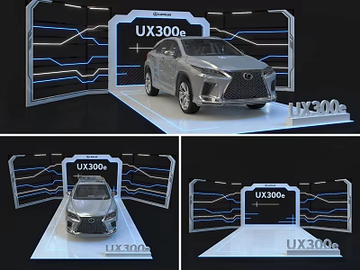 Modern Exhibition Display Shelves for Car Showcase with UX300e Vehicle and Background Design 3d model