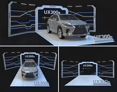 Modern Exhibition Display Shelves for Car Showcase with UX300e Vehicle and Background Design 3d model