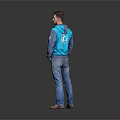 Man Standing On Gray Background With Blue Jacket Red Inner Shirt And Blue Jeans