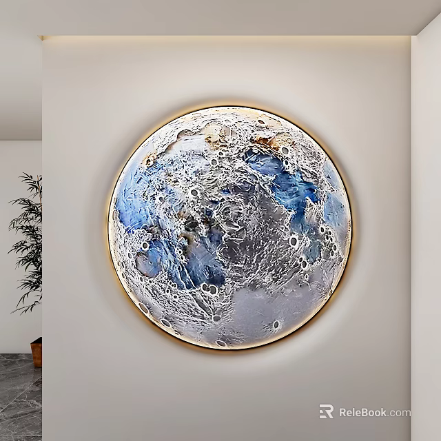 Round Moon Surface Wall Lamp with Blue Gray Texture Gold Frame on White Wall 3d model 