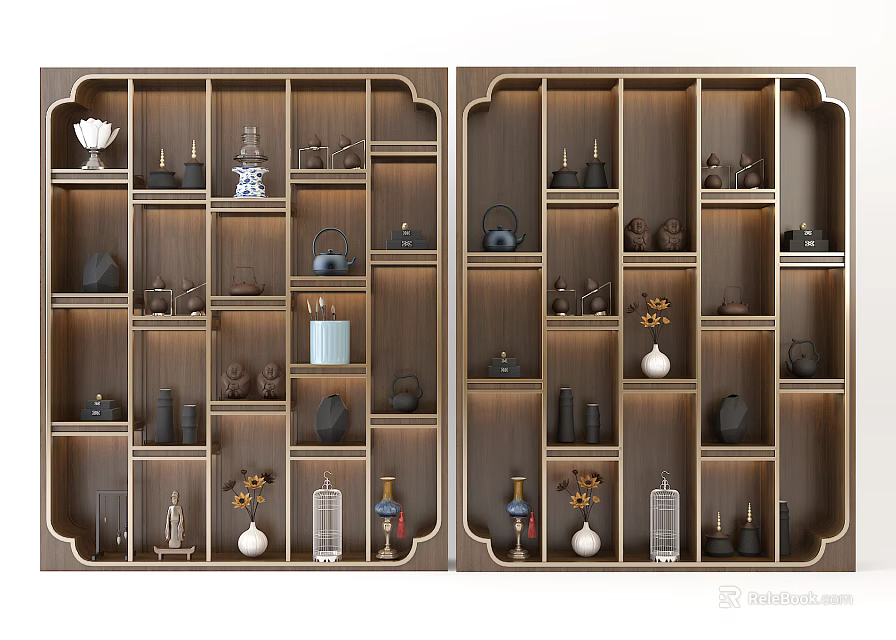 Traditional Wooden Display Shelf with Tea Sets Vases and Decorative Items 3d model 
