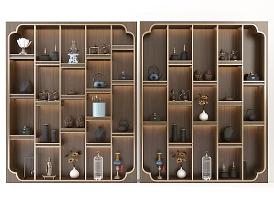 Traditional Wooden Display Shelf with Tea Sets Vases and Decorative Items 3d model
