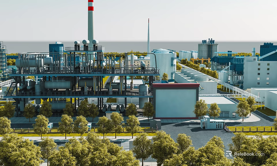 Modern Industrial Plant With Storage Tanks Chimney Piping System And Green Trees 3d model 
